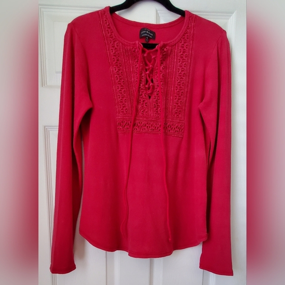 Lucky Brand Women's Red Thermal Long Sleeve Lace-Up Top Size XL - Picture 2 of 6